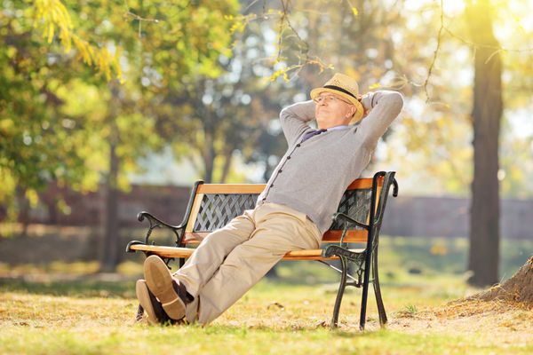پیر مرد آرامش بخش در پارک در یک روز آفتابی نشسته روی نیمکت چوبی