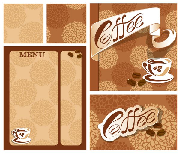طرح های الگو از منو و کارت کسب و کار برای قهوه خانه با فنجان قهوه لوبیا متن خوشنویسی COFFEE پس زمینه برای منو رستوران و یا کافی نت الگوهای بدون درز در دسترس است نسخه راستر