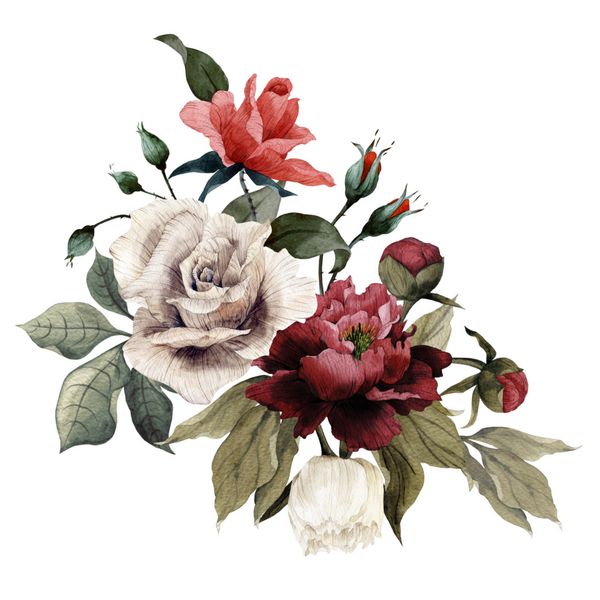 دسته گل رزها و پونه ها آبرنگ می تواند به عنوان کارت تبریک کارت دعوت برای عروسی تولد و دیگر زمینه تعطیلات و تابستان استفاده شود