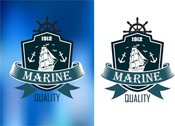 الگوی کیفیت دریایی نشان ها در دو رنگ با یک سپر محصور یک کشتی بلند با بادبان و یک بنر نوار با کلمه دریایی با کیفیت پایین