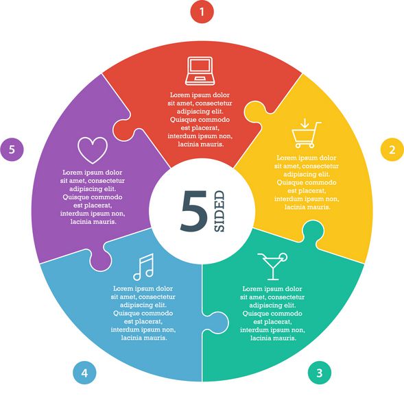 پنج صفحه ای شماره تخت رنگین کمان طیف رنگ ارائه پازل ارائه نمودار نمودار با زمینه متن توضیحی بر روی زمینه سفید قالب برداری گرافیک برداری
