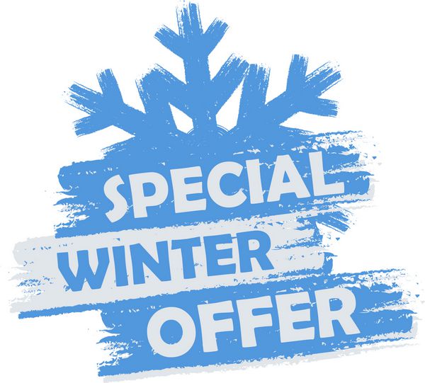 بنر ویژه زمستان پیشنهاد متن در برچسب آبی و سفید کشیده شده با نماد برف ریزه مفهوم خرید کسب و کار فصلی بردار