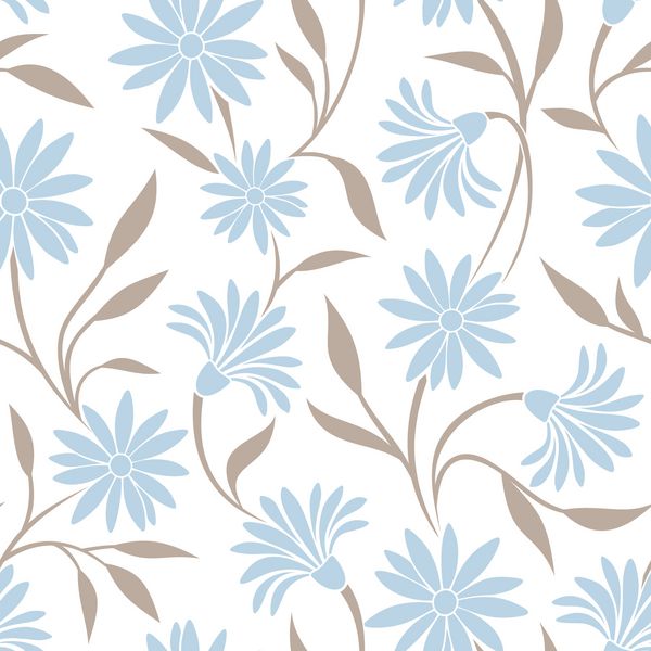 الگوی بدون درز با گل های آبی و برگ های بژ تصویر برداری