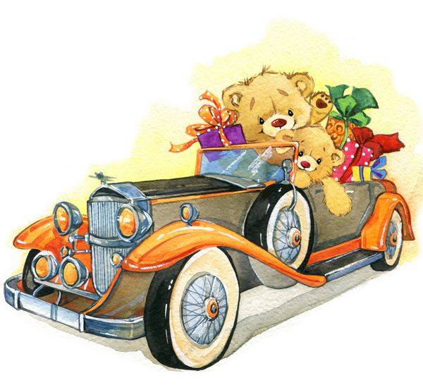 خرس عروسکی و ماشین پرنعمت تصویر آبرنگ