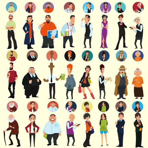 different people in full-length and different poses avatars and icons people