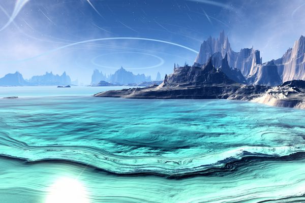 سیاره بیگانه آثار کامپیوتری رندر 3D سنگها و دریاچه ها