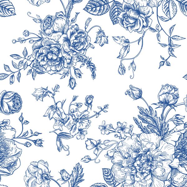 الگوی بروشور بدون درز با گل طلایی گل آبی در یک پس زمینه سفید پیوندها گل سرخ نخود شیرین زنگ تک رنگ