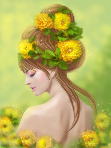 تابستان تابستان زن در گل های زرد در مدل موهای فانتزی زیبایی