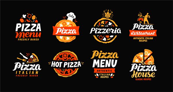 آرم پیتزا برچسب های مجموعه برای رستوران طراحی منو و یا پیتزا فروشی آیکون های وکتور