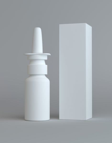اسپری بطری های پلاستیکی بینی و جعبه کاغذ سفید بلند برای بسته بندی های پزشکی پس زمینه خاکستری تصویر 3D