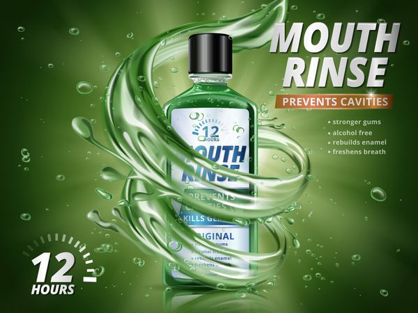 تبلیغات دهان شستشو محصول دهانشویه طراوت با عنصر آب آبی و آب قطره در تصویر 3d پس زمینه سبز