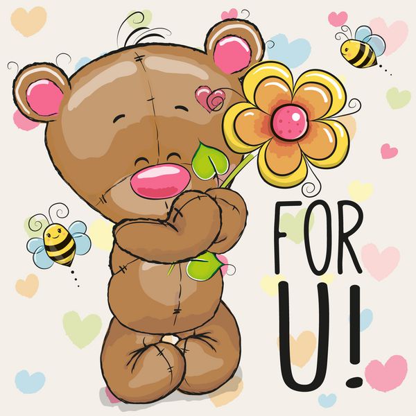 کارت پستال خرس با گل در پس زمینه قلب