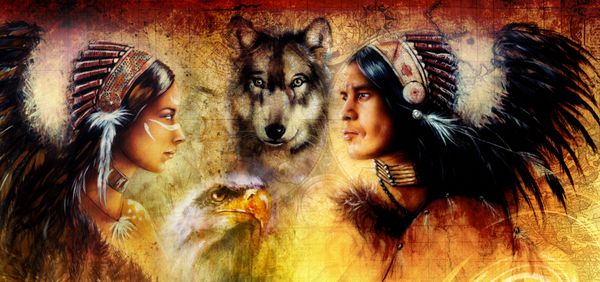 نقاشی زیبا از یک مرد و زن جوان هند همراه با گرگ و عقاب در پس زمینه زینت زرد
