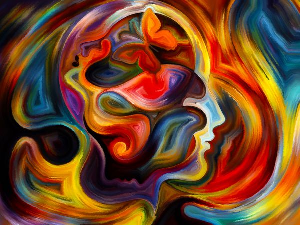 رنگ های سری ذهن پس زمینه هنری از عناصر صورت انسان و شکل انتزاعی رنگی برای استفاده در پروژه ها در ذهن ذهن فکر احساسات و معنویت