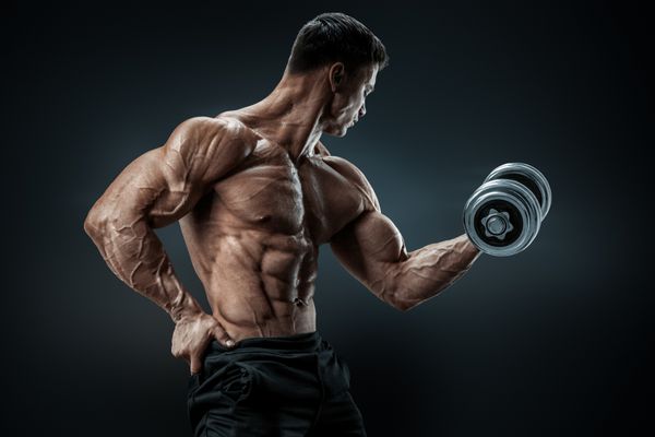 ورزش مردانه قدرت فوق العاده ای در تمرین کردن با عضلات با دمبل بدنسازان قوی با شش بسته کامل ABS شانه ها دو سوکسیون تریسیپس و قفسه سینه