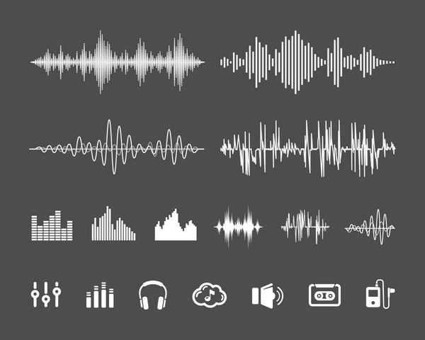 شکل موج موج برداری امواج صوتی و آیکون های پالس موسیقی