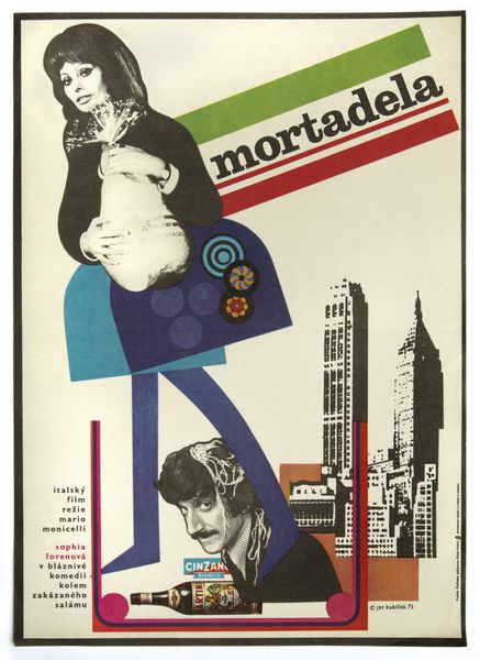 CZECHOSLOVAKIA CIRCA 1973 پوستر چاپ شده در چکوسلواکی طراحی هنری چکی جیری کوبیکک برای فیلم ایتالیایی La Mortadella Lady Liberty با سوفیا لورن مدیر Mario Monicelli 1971