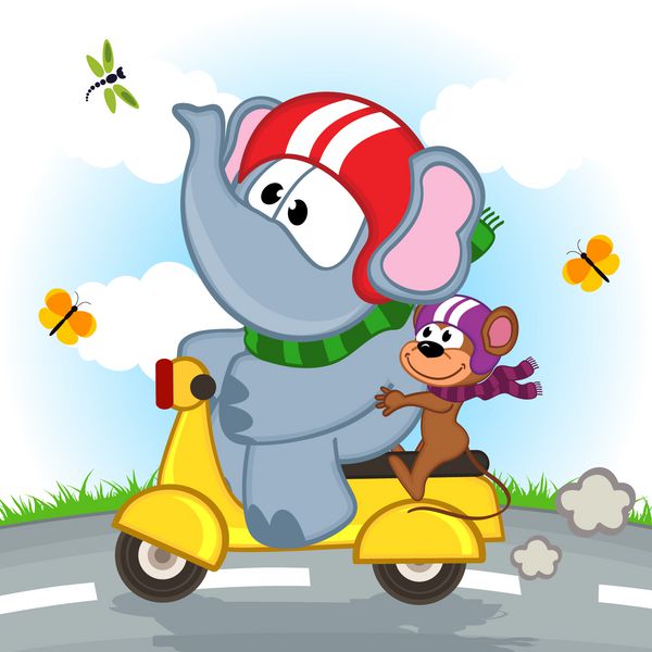 فیل و ماک سوار اسکوتر تصویر برداری EPS