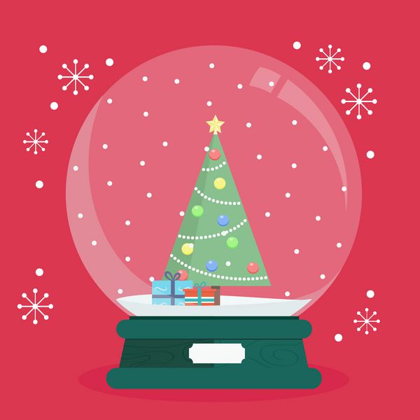 کریسمس برف کریسمس با یک درخت قهوه ای در داخل به سبک صاف سال نو شیشه ای با توپ آیکون بردار جدا شده از پس زمینه