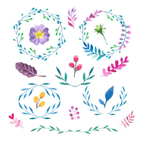 تصویر برداری عناصر طراحی آبرنگ دست نقاشی شده نقوش گلدار مجموعه ای از گل های رنگارنگ گل و گیاه آبرنگ گلدار مجموعه ای از قاب های گرد