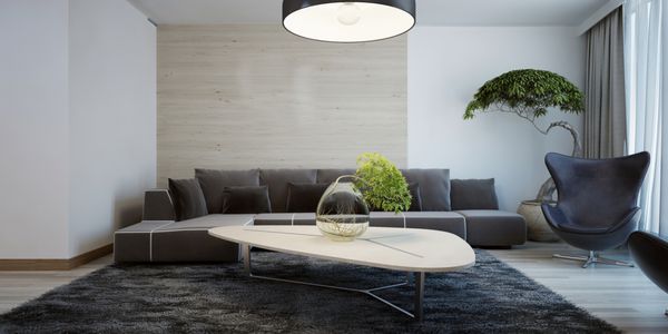 ایده اتاق نشیمن معاصر دکوراسیون دیوار ترکیب شده اتاق نشیمن با مبلمان تاریک و میز چوبی سبک رندر 3D