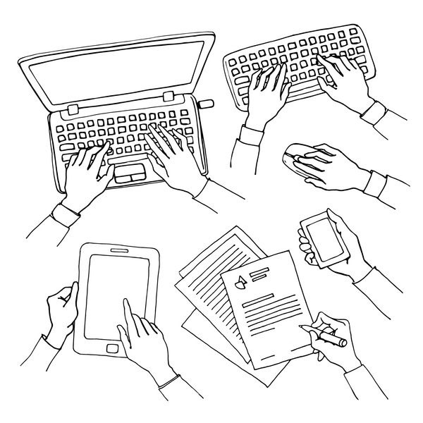مجموعه ای از دست ها که دارای ابزارهای مختلف ارتباطی با تکنولوژی پیشرفته هستند مفهوم کسب و کار از دست با استفاده از لپ تاپ قرص و تلفن هوشمند نوشتن و تایپ بر روی صفحه کلید تصویر سیاه و سفید ابله