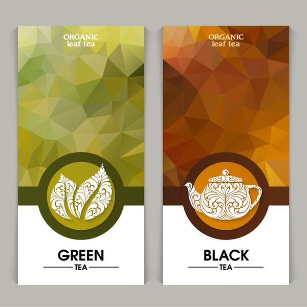 مجموعه ای از الگوهای بسته بندی چای برچسب بنر پوستر هویت نام تجاری رنگ انتزاعی با عناصر طراحی زینتی آیکون برگ قوری طراحی شیک برای چای سیاه و سفید