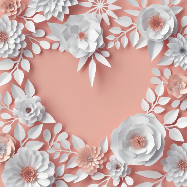 3d render digital illustration blush pink orange paper flowers floral background bridal bouquet wedding quilling Valentine