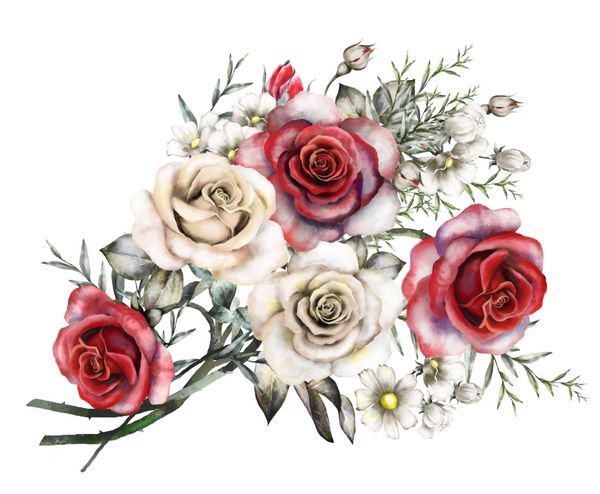 گل های آبرنگ تصویر گل در رنگ های پاستل گل قرمز دسته گل های جدا شده بر روی زمینه سفید گیاهان برگ و جوانه ترکیب ناز برای عروسی کارت تبریک دسته گل عاشقانه
