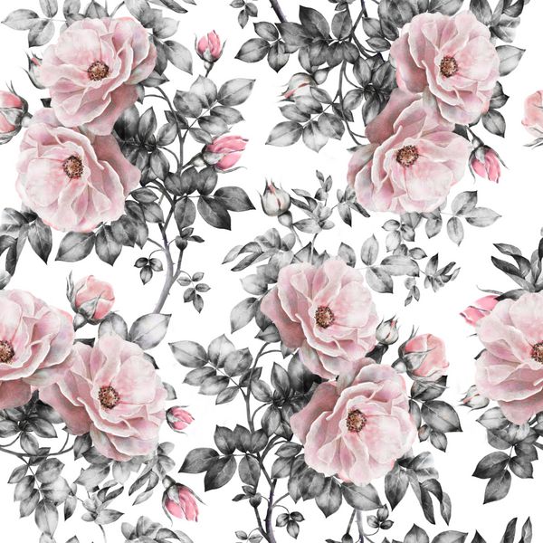 الگوی بدون درز با گل صورتی و برگ در زمینه سفید الگوی گل آبی رنگ گل رز در رنگ پاستا الگوی بدون درز گل برای کاغذ دیواری کارت و یا پارچه