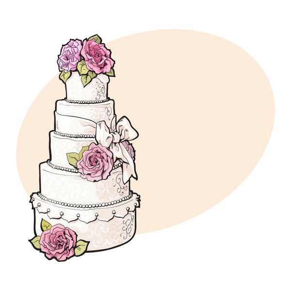 سنتی عروسی سفید کیک عروسی تزئین شده با گل رز مارزپیان صورتی طرح نقاشی سبک در پس زمینه با محل برای متن کیک عروسی لایه ای با پنج سطح گل سرخ سفید و گل رز صورتی