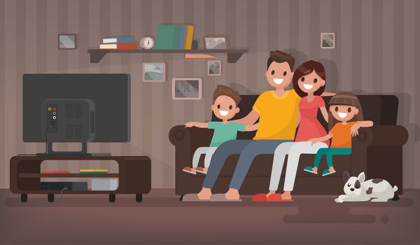 خانواده شاد به تماشای تلویزیون روی نیمکت در خانه نشسته اند تصویر برداری در یک سبک صاف