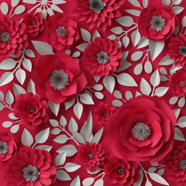 3d render digital illustration modern floral background decorative red paper flowers romantic Valentine