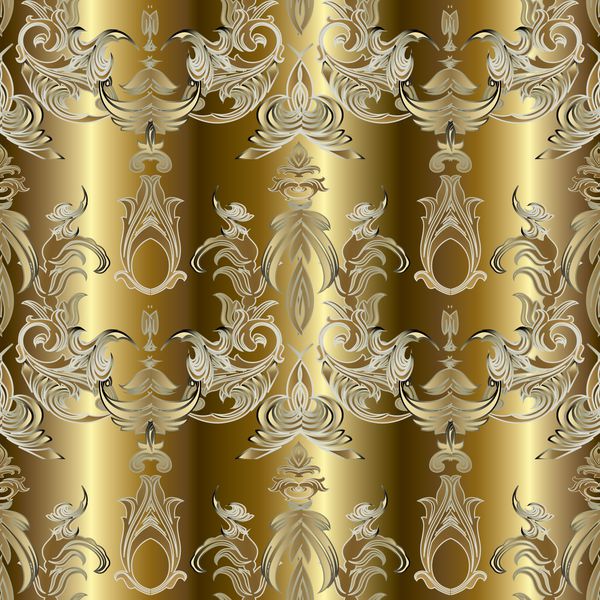الگوی بدون درز طلا باهوش تصویر زمینه عتیقه با گلهای قیمتی قرون وسطایی برگ و زیور آلات طلای لوکس طلا بافت بردار سلطنتی ظرافت اشیاء طلایی پس زمینه 3D