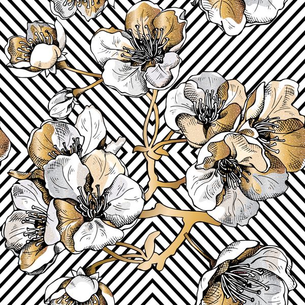 الگوی بدون درز با گل طلایی گیلاس در پس زمینه هندسی سیاه و سفید تصویر برداری