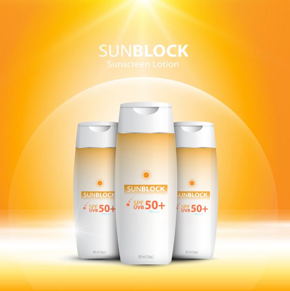 قالب آگهی Sunblock طراحی محصولات آرایشی و بهداشتی حفاظت از خورشید با کرم مرطوب کننده یا مایع پس زمینه درخشان با لهستانی زرق و برق طراحی بردار