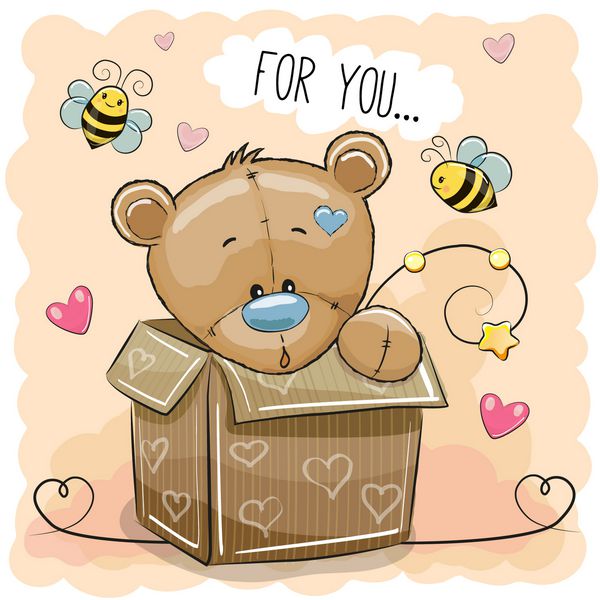 کارت با خرس عروسکی ناز در یک جعبه
