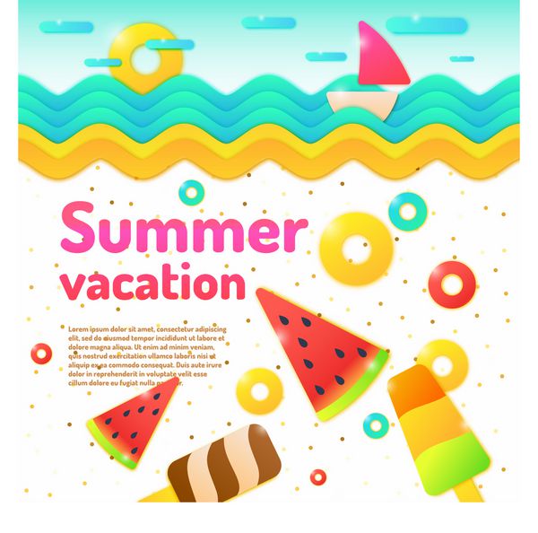 پوستر تابستان تعطیلات تابستانی و دریاچه برای سفر و اوقات فراغت در سبک کارتونی سبک تزئینی