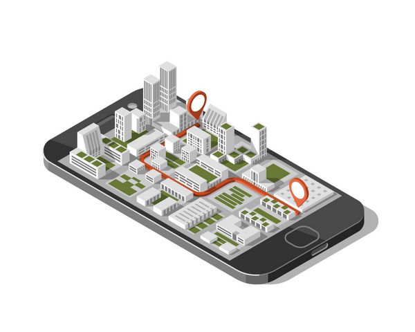 نقشه ایزومتریک شهر با جاده و ساختمان ها بر روی تلفن های هوشمند نقشه بر روی برنامه تلفن همراه 3D بردار تصویر