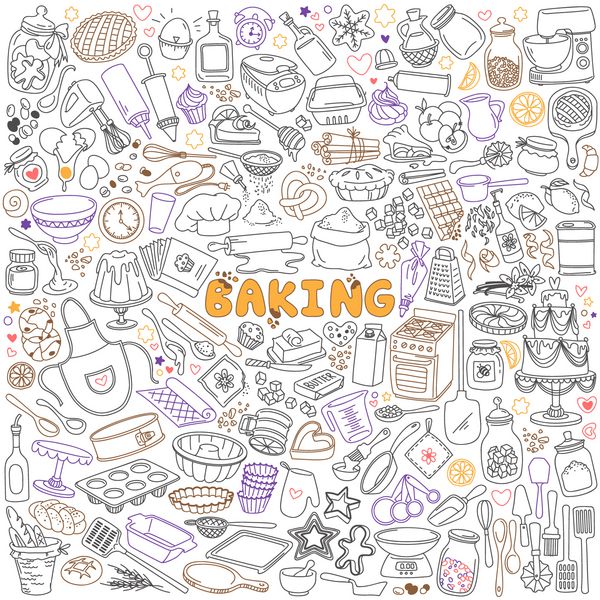 مجموعه دودل های پخت مواد شیرینی شیرینی و شیرینی ابزار ظروف تجهیزات و مواد لازم برای پخت و پز نقاشی های بردار آزاد بر روی زمینه سفید