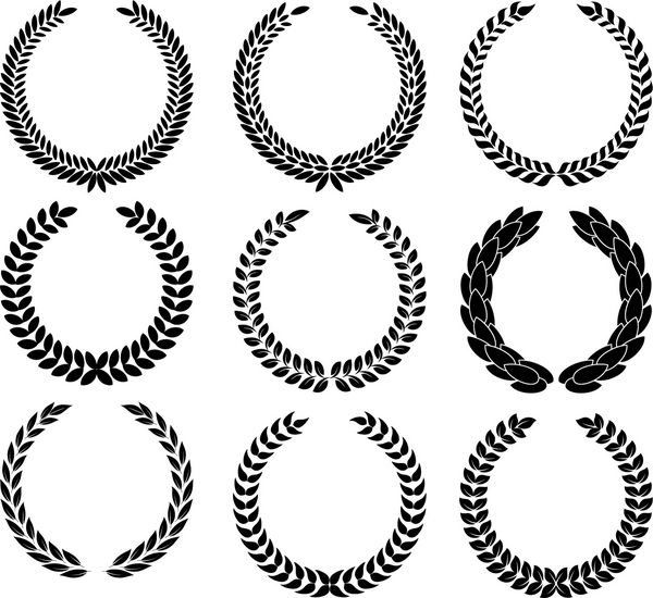 حلقه گل لور نماد پیروزی و موفقیت عنصر طراحی برای ساخت مدال جوایز کت و شلوار یا آرم سالگرد چهره سیاه در پس زمینه سفید نماد دامن لورل