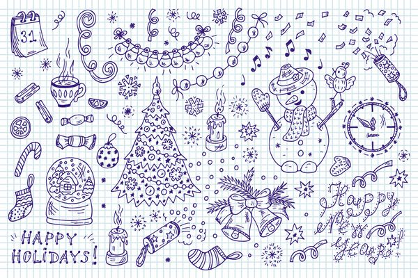 مجموعه تعطیلات سال نو مبارک تعطیلات زمستان مبارک کریسمس مبارک مجموعه ای از شخصیت های سال نو و دکوراسیون تصویر دست Doodles طراحی شده است