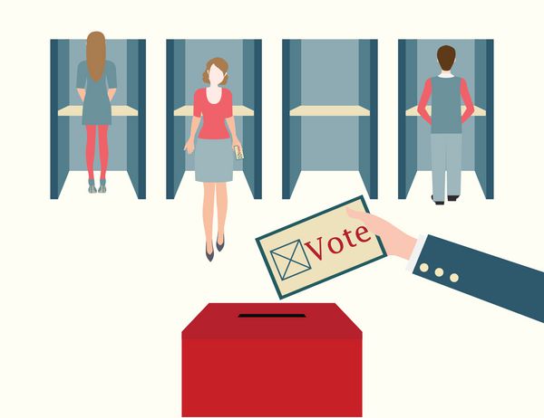 غرفه رأی گیری با مردان و زنان رأی گیری خود را در یک محل رای گیری رای گیری با جعبه تصویر برداری بردار