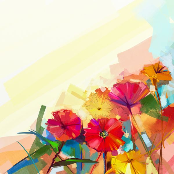 چکیده نقاشی روغن گل های بهار زندگی عمیق گلبرگ زرد و قرمز گل های رنگارنگ با پس زمینه سبز رنگ آبی روشن دست نقاشی سبک مدرن مدرن امپرسیونیست