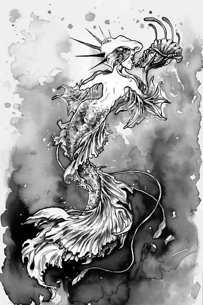 سیاه و سفید دست نقاشی نقاشی پری دریایی با یک دم بتا ماهی و پوسته در دست او