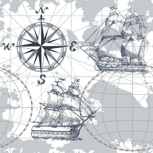 نقشه دست دریایی بدون درز با نقشه قطب نما و کشتی قایقرانی ایده آل برای پارچه کاغذ دیواری و چاپ