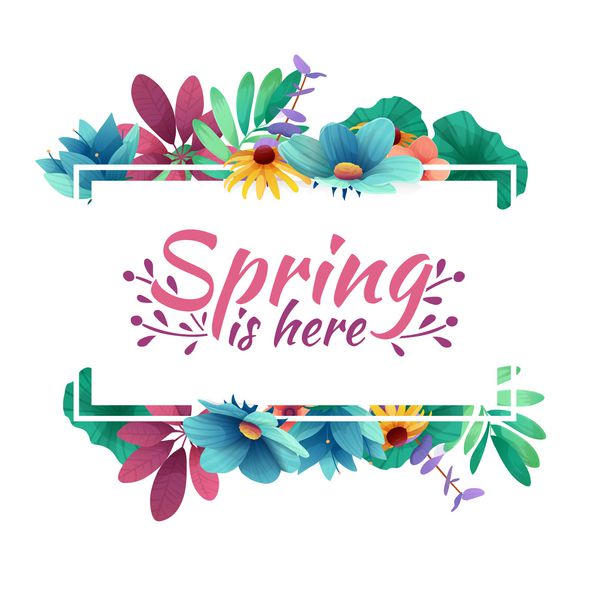 بنر طراحی با بهار در اینجا لوگو است کارت برای فصل بهار با قاب و گیاه سفید پیشنهاد تبلیغاتی با گیاهان بهاره برگ و دکوراسیون گل ها بردار