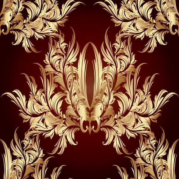 الگوی بدون درز باواسک عتیقه سلطنتی 3d طلا زیور آلات Damasc لوکس قرمز پس زمینه قرمز تصویر زمینه گل با برگ های چرخش برگ گل بافت برداری برای پارچه پارچه پرده