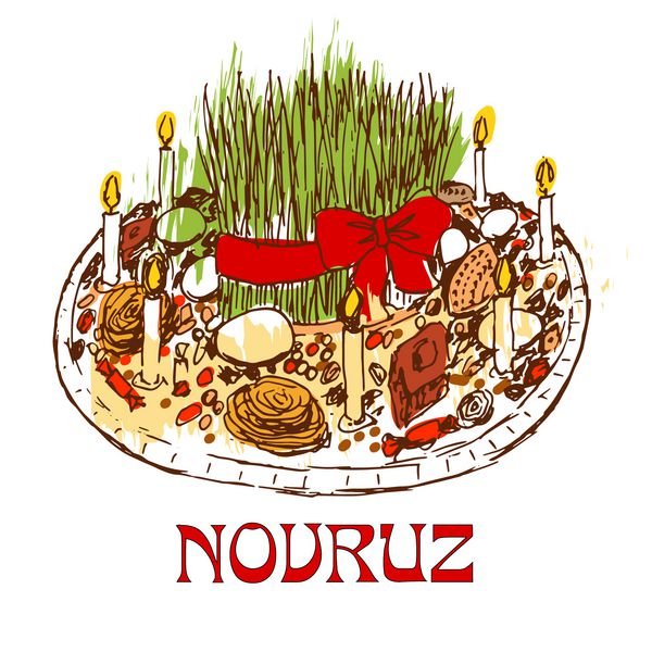 سینی Novruz با شیرینی و شمع جدا شده بر روی زمینه سفید