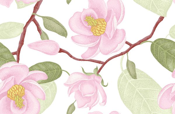 الگوی برداری بدون درز گلدار تصویر ویکتوریا سبک لوستر لوکس دکوراسیون لوکس Magnolia طراحی منحصر به فرد طراحی گل شاخه درخت ماگنولیا با گل در پس زمینه سفید